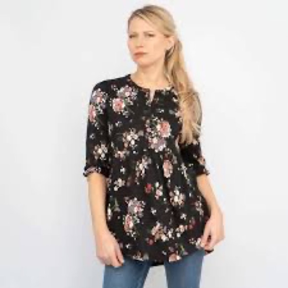 Fat Face Tabitha Black Floral 3/4 Sleeve Jersey Knit Tunic Women’s 6 US